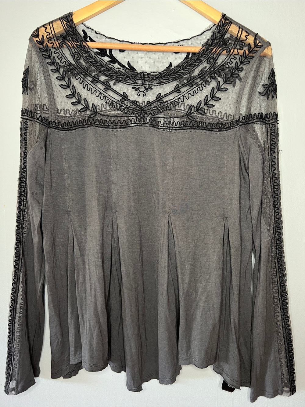 Free People Grey Embroidered Sheer Yoke Top-S